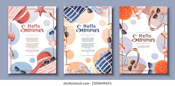 Flyer set with beach accessories.. Poster with wicker bag, hat, glasses and cream. Summer vacation, beach vibe, relaxation. Banner, poster, A4 postcard for advertising