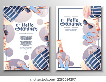 Juego de volantes con bolsa de playa y accesorios. Tiempo de verano, hola verano, ambiente de playa. Banner de descuento, promoción, publicidad.