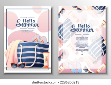 Flyer set with beach bag and accessories. Summer time, hello summer, beach vibe. Discount banner, promotion, advertising.