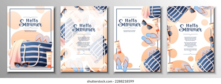 Flyer set with beach bag and accessories. Summer time, hello summer, beach vibe. Discount banner, promotion, advertising.