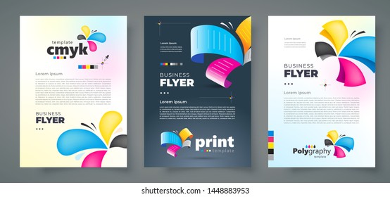 Flyer set cmyk polygraphy theme, colored butterfly design template cover 