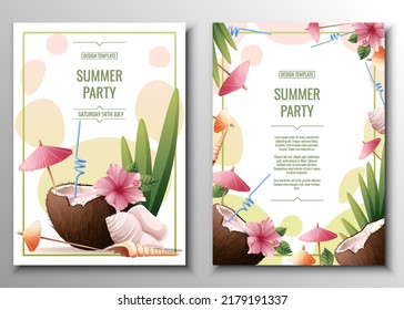 Flyer set with coconut cocktail, cocktail umbrellas and straws, hibiscus. Summer beach party, bar, refreshing drinks. Banner, flyer, A4 poster for advertising