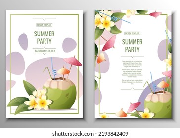 Flyer set with coconut cocktail, cocktail umbrellas and straws, frangipani flowers. Summer beach party, bar, refreshing drinks. Banner, flyer, A4 poster for advertising