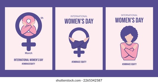 Flyer set International Women's Day. Day of hugs, justice, equality. Vector illustration. Embrace Equity 2023