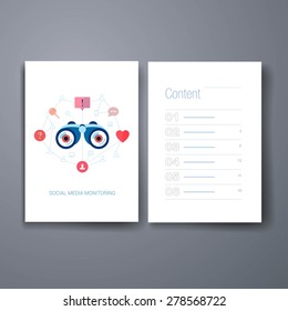 Flyer. Set of modern flat design icons on the topic of corporate brand monitoring and social media marketing. Social graph and connection in web vector illustration. Web advertising modern apps icons.