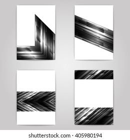 Flyer set with monochrome geometric design. 4 paper sheets on gray background. Poster set. Vector illustration.