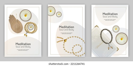 Flyer set with rosary, candle, books, incense holder. Posters for yoga retreat or yoga studio. Illustration for banner, book cover, notepad. Meditation, yoga and relaxation. 