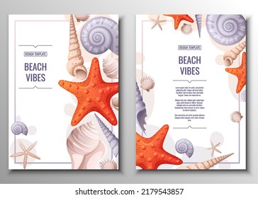 Flyer set with seashells and orange starfish. Banner, flyer, poster A4 size for advertising. Banner, flyer, poster A4 size for advertising.