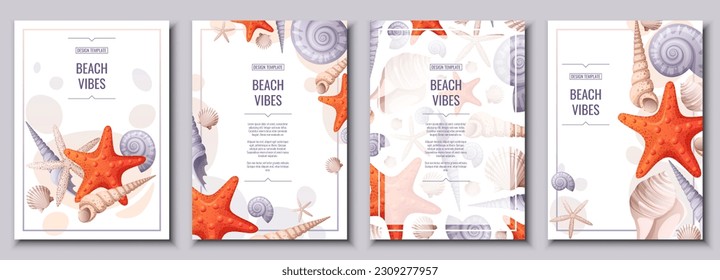 Flyer set with seashells and orange starfish. Banner, flyer, poster A4 size for advertising. 