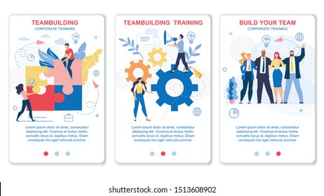 Flyer Set Teambuilding and Corporate Training. Banner Inscription Build Your Team. Men and Women Create Online Trainings and Successfully Earn on Them. People Offer Online Training.