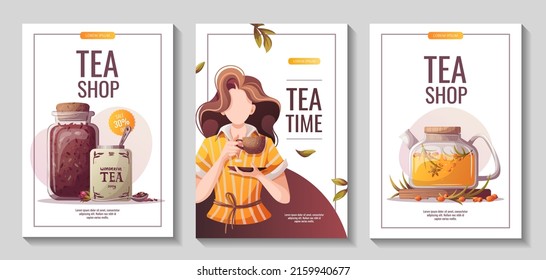 Volante con mujer tomando té, tetera, frasco. Té-shop, café-bar, amante del té, concepto de bebidas. A4 Ilustración vectorial para afiches, banner, volante, menú, publicidad. 