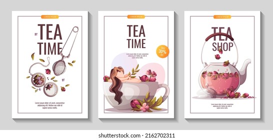 Flyer set with woman, teapot, teacup, strainer. Tea shop, cafe-bar, tea lover, beverages concept. A4 Vector illustration for poster, banner, flyer, menu, advertising.