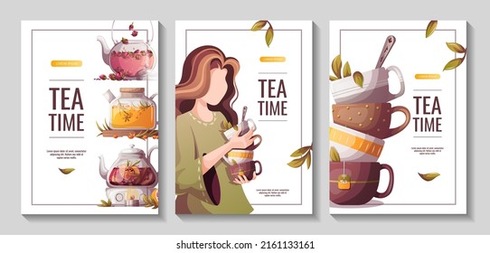 Flyer set with woman, teapots, teacups. Tea shop, cafe-bar, tea lover, beverages concept. A4 Vector illustration for poster, banner, flyer, menu, advertising.