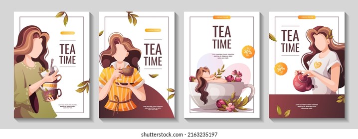 Flyer set with women drinking tea. Tea shop, cafe-bar, tea lover, tea party, beverages concept. A4 Vector illustration for poster, banner, flyer, menu, advertising. 