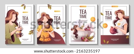 Flyer set with women drinking tea. Tea shop, cafe-bar, tea lover, tea party, beverages concept. A4 Vector illustration for poster, banner, flyer, menu, advertising. 