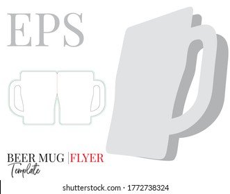 Flyer in shape of beer mug, vector. Template with die cut, laser cutting lines. White, clear, blank, isolated beer mug flyer mock up on white background with perspective presentation. Marketing design