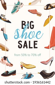 Flyer with shoe sale announcement. Design of template with collection of women fashion footwear and place for text. Colored flat vector illustration of vertical advertising banner for modern store