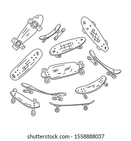 Flyer skateboard hand drawn skate sketch boards. Figure skating on a special board with four rollers. Sports equipment for youth hobbies. Vector illustration