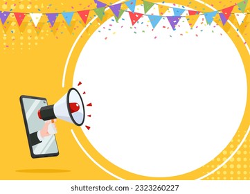 Flyer Smartphone and hand hold Megaphone speaker for announce, advertising, promotion, and Grand sale. Vector illustration for retail shopping online marketing template, banner, poster, and background