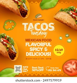 Flyer y Plantilla de publicaciones en redes sociales, Anuncio de anuncios de comida mexicana, Tacos Anuncio de comida mexicana