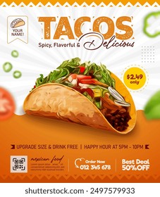 Flyer y Plantilla de publicaciones en redes sociales, Anuncio de anuncios de comida mexicana, Tacos Anuncio de comida mexicana