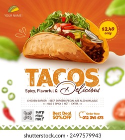 Flyer y Plantilla de publicaciones en redes sociales, Anuncio de anuncios de comida mexicana, Tacos Anuncio de comida mexicana