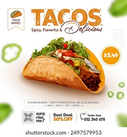 Flyer y Plantilla de publicaciones en redes sociales, Anuncio de anuncios de comida mexicana, Tacos Anuncio de comida mexicana