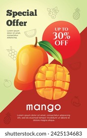 Flyer oferta especial para productos de frutas de mango. Prospecto de promoción de fruta