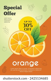 Oferta especial de Flyer para productos de fruta de naranja. Prospecto de promoción de fruta