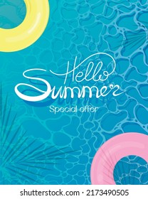 Flyer special summer offer on abstract water waves on the background of the pool and palm leaves shadow frame a4. Blue ripples with highlights in cartoon flat style