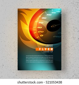 Flyer speed action hot fast flames speedometer car, cover design brochure size A4 template