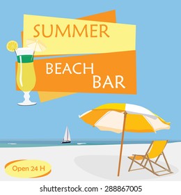 Flyer summer beach party with  blue sky, sea, sand, beach umbrella, beach chair, cocktail and sail boat. Beach bar poster template