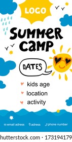 flyer Summer camp hand-drawn in doodle style with clouds, sun and sea.