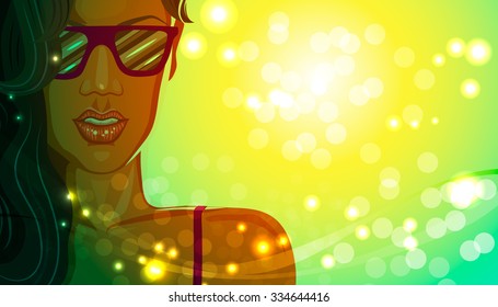 Flyer summer party. Background with girl and sun. Illustration for disco dance poster. 