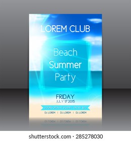 Flyer for a summer party with background with seashore. Abstract vector summer background on a sea subject. Poster's template for your business.