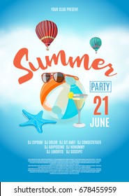 Flyer for summer party. Beach backgrpund. Vector illustration. Invitation to nightclub.
