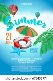 Flyer for summer party. Beach backgrpund. Vector illustration. Invitation to nightclub.