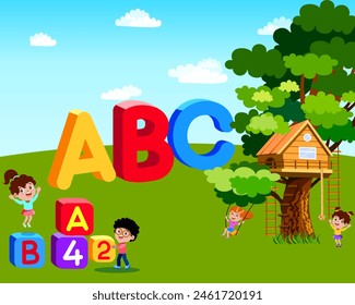 Flyer teaching children the English alphabet kids having fun on the playground with blocks English letters numbers tree house place for text and advertising Vector