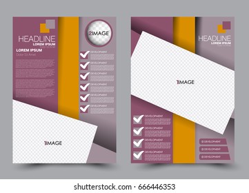 Flyer template a4 size. Business brochure design. Annual report cover. Vector illustration. Purple and yellow color.