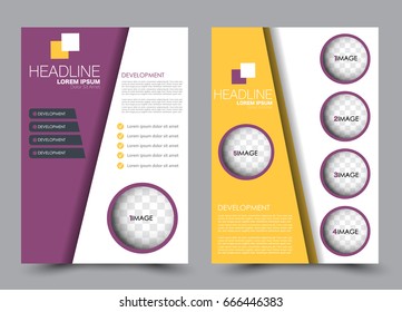 Flyer template a4 size. Business brochure design. Annual report cover. Vector illustration. Purple and yellow color.