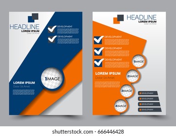 Flyer template a4 size. Business brochure design. Annual report cover. Vector illustration. Blue and orange color.