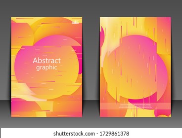 Flyer template with abstract background. Colorful glitch circles, frame with neon glitch effect on gradient background. Eps10 Vector illustration