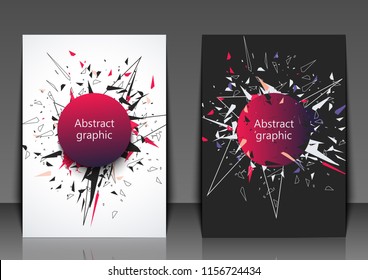 Flyer template with abstract background. Abstract faceted element cracked into multiple fragments. Explosion effect. Eps10 Vector illustration.