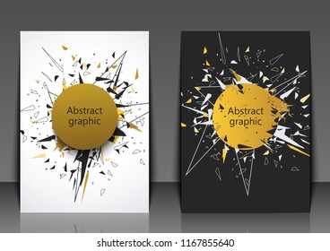 Flyer template with abstract background. Abstract faceted element cracked into multiple fragments. Explosion effect. Eps10 Vector illustration.