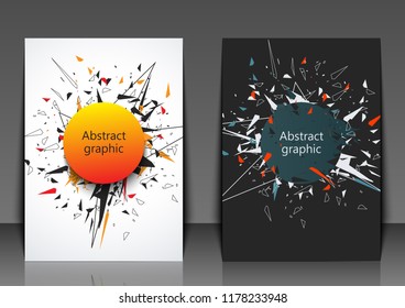 Flyer template with abstract background. Abstract faceted element cracked into multiple fragments. Explosion effect. Eps10 Vector illustration.