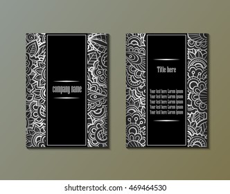 Flyer template with abstract lace ornament pattern. Greeting card design. Front page and back page. Vector.