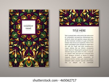 Flyer template with abstract ornament pattern. Vector greeting card design. Front page and back page.