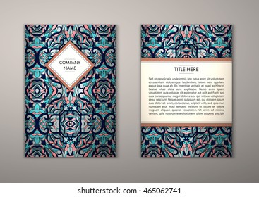 Flyer template with abstract ornament pattern. Vector greeting card design. Front page and back page.