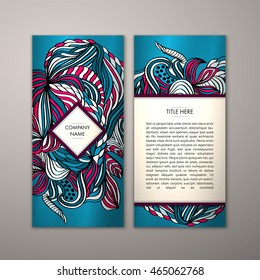 Flyer template with abstract ornament pattern. Vector greeting card design. Front page and back page.
