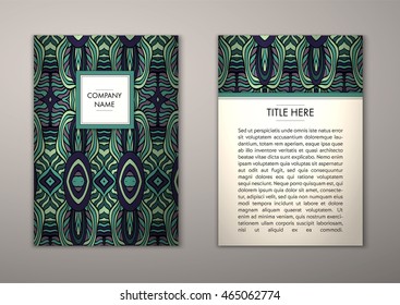 Flyer template with abstract ornament pattern. Vector greeting card design. Front page and back page.